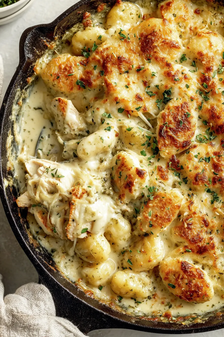 Pesto chicken gnocchi bubbling in a skillet with melted cheese