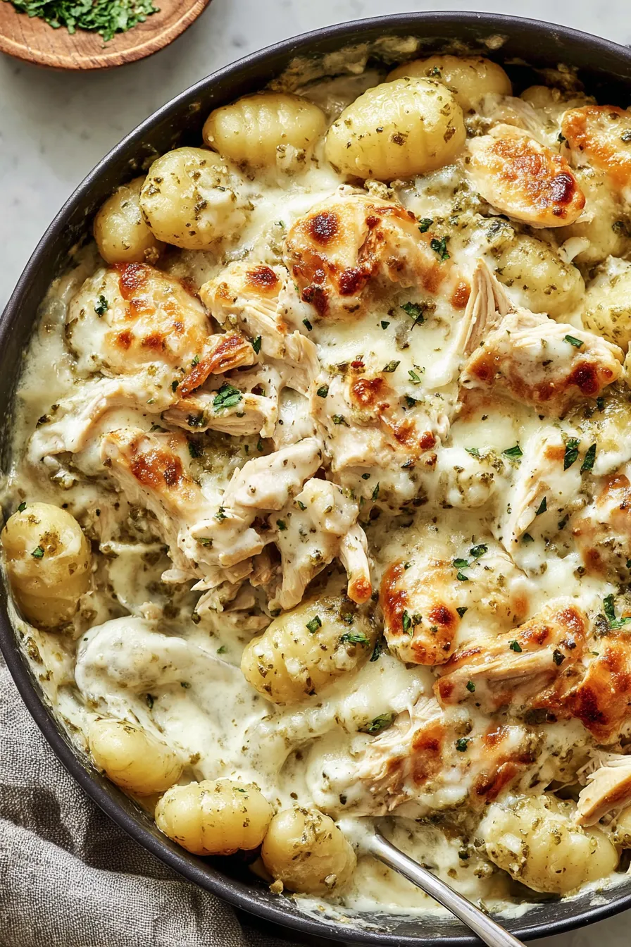 Close-up of golden cheese on pesto chicken gnocchi bake