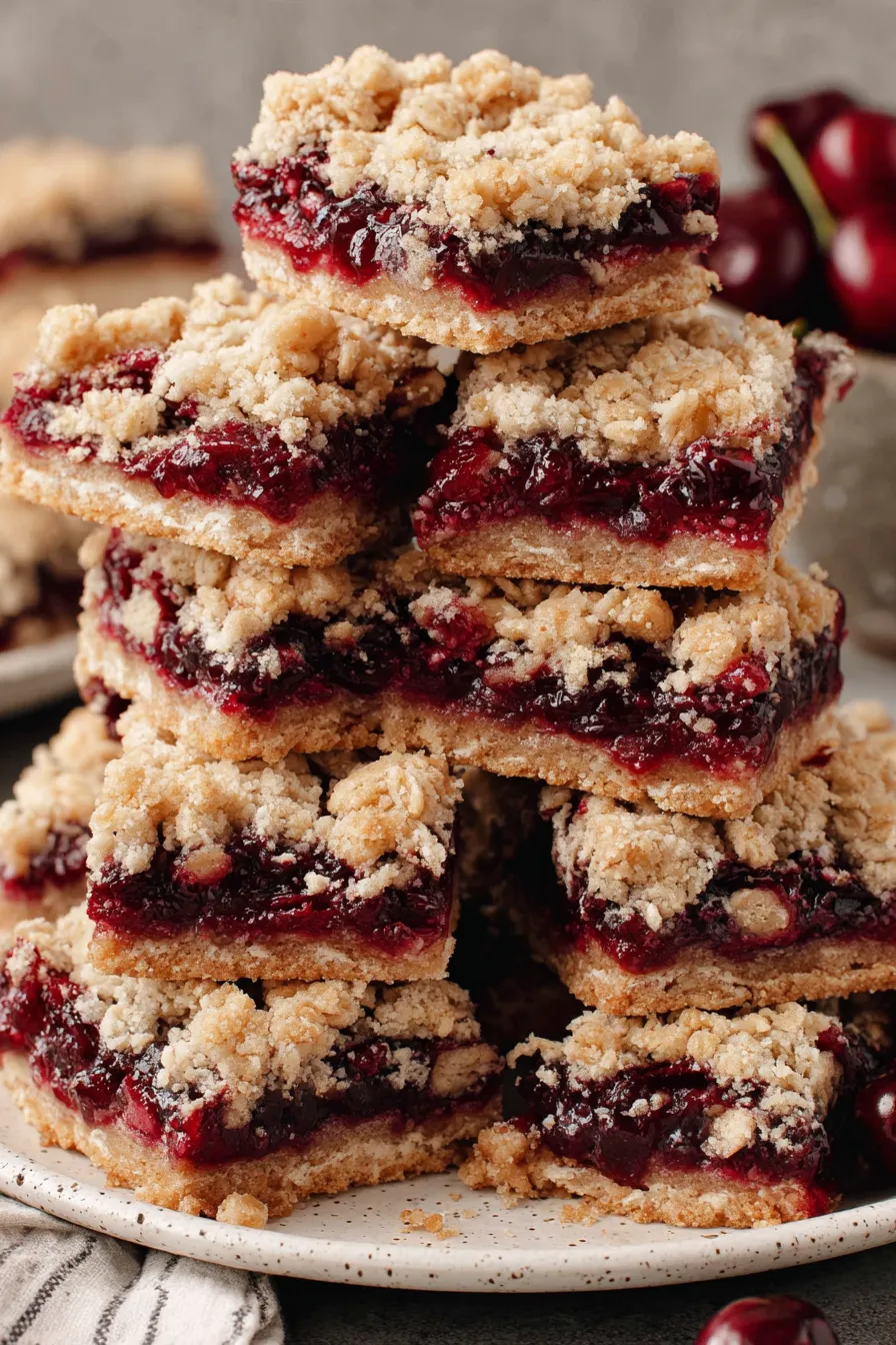 Close-up of a single cranberry oat bar topped with ice cream