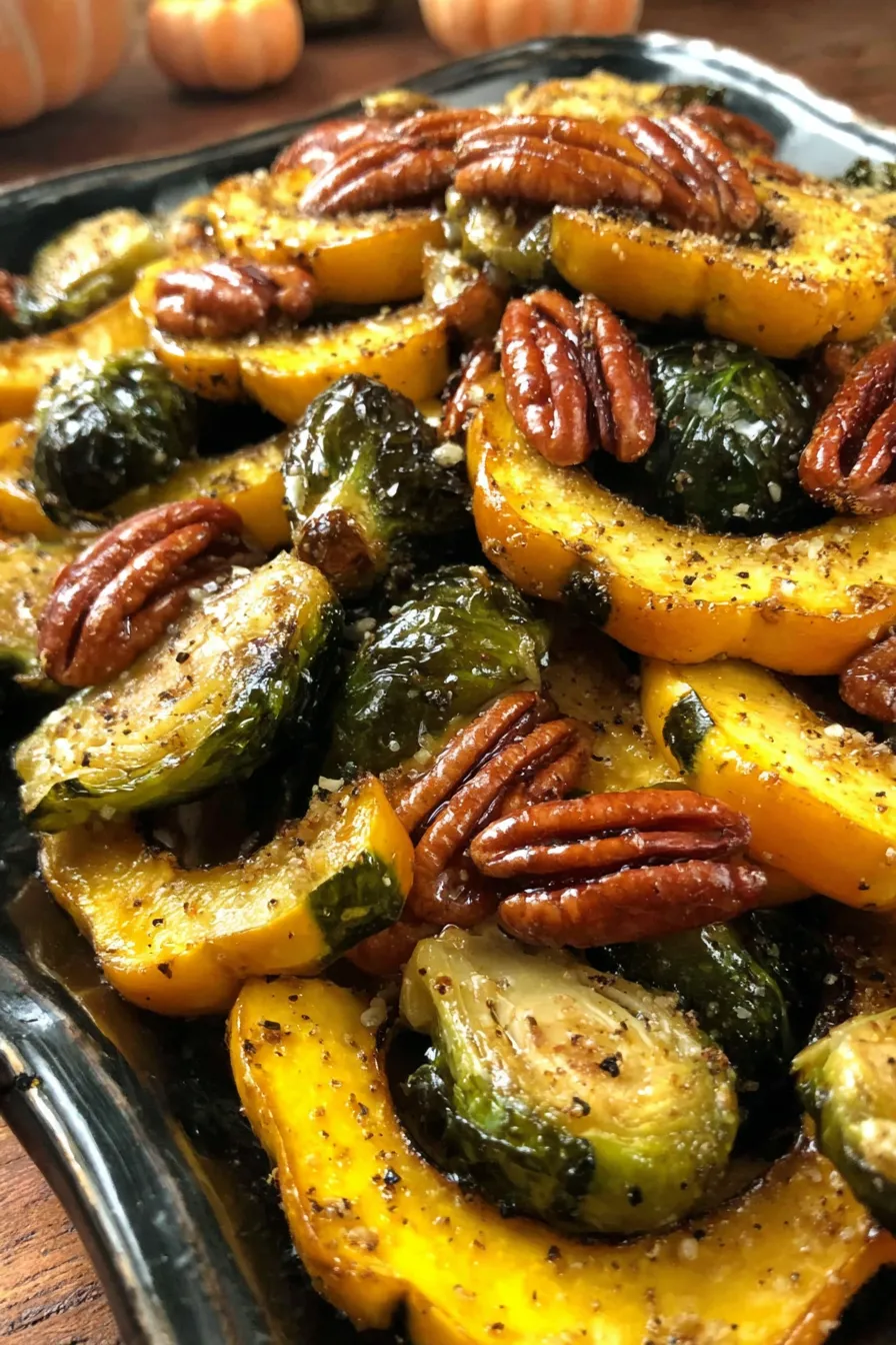 Roasted acorn squash and Brussels sprouts on a baking tray