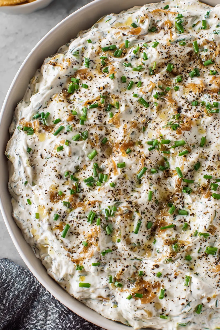 Caramelized onions in pan for dip