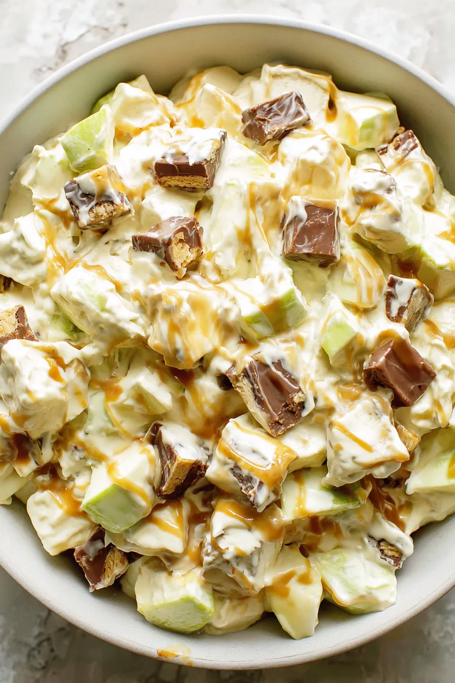 Snickers Salad in a glass bowl topped with caramel drizzle
