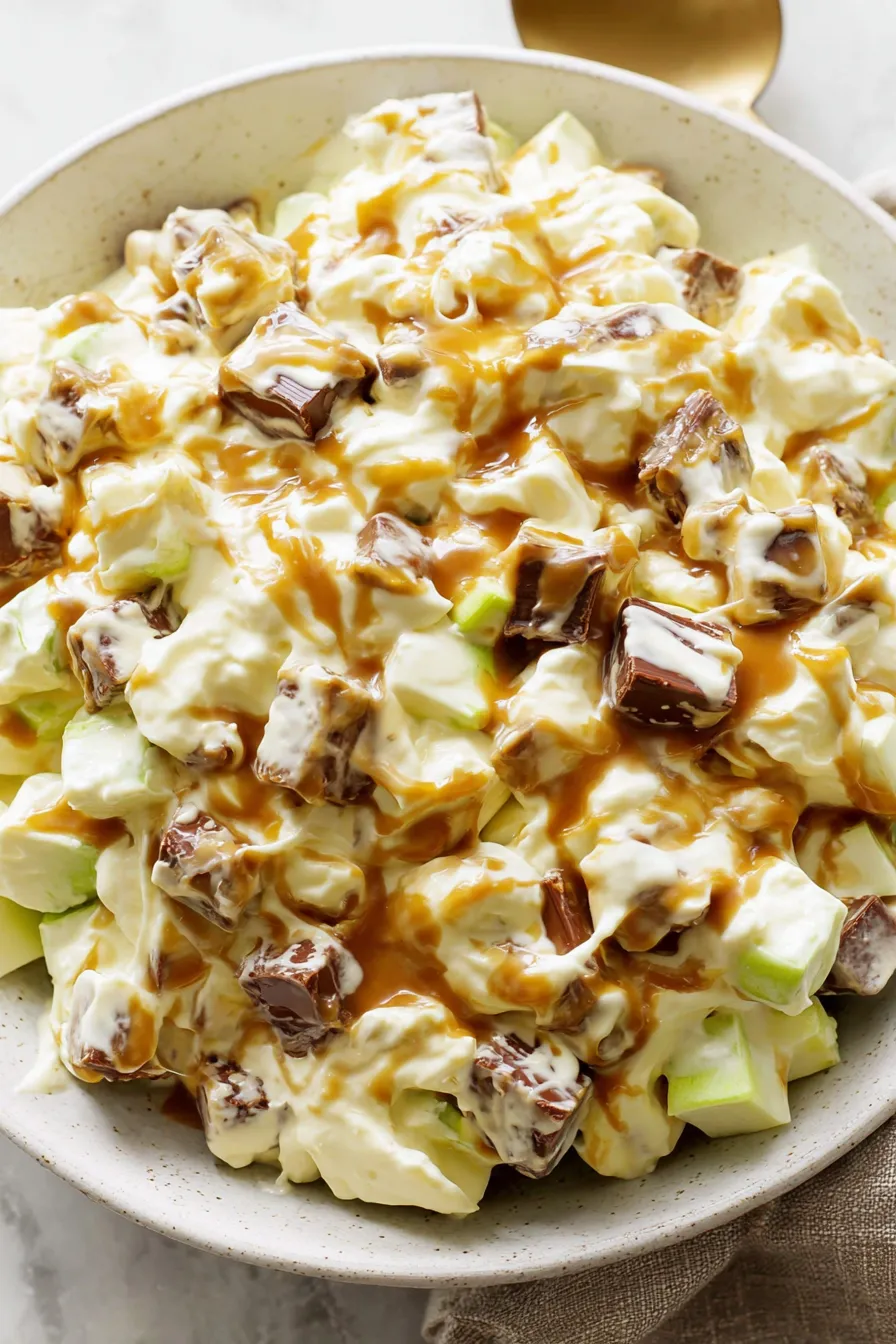 Close-up of chopped Snickers and apples in creamy vanilla mix