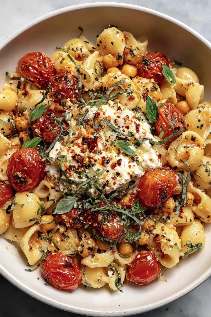 Baked feta, cherry tomatoes and chickpeas fresh from the oven