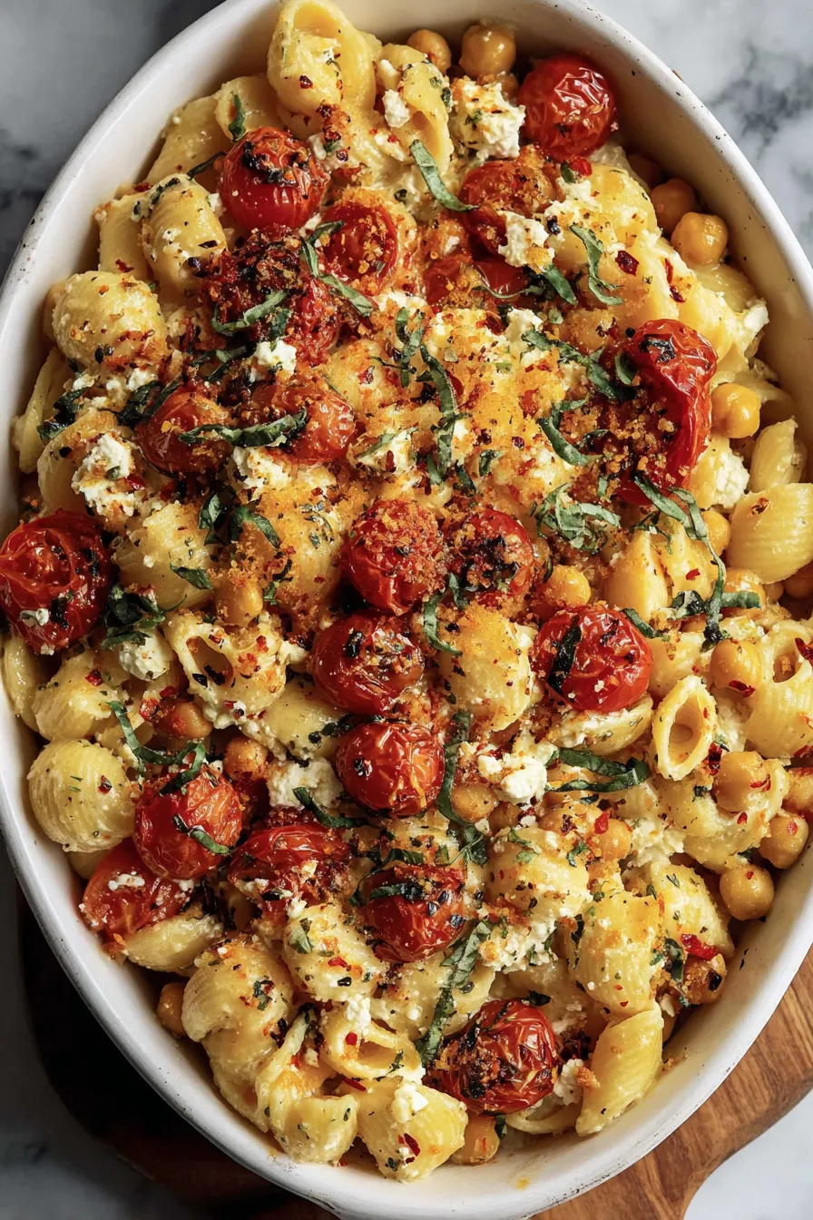 Creamy mashed feta and tomato sauce tossed with penne