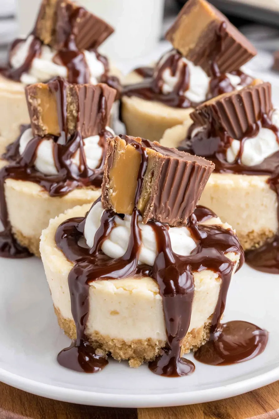 Mini peanut butter cup cheesecakes cooling in pan