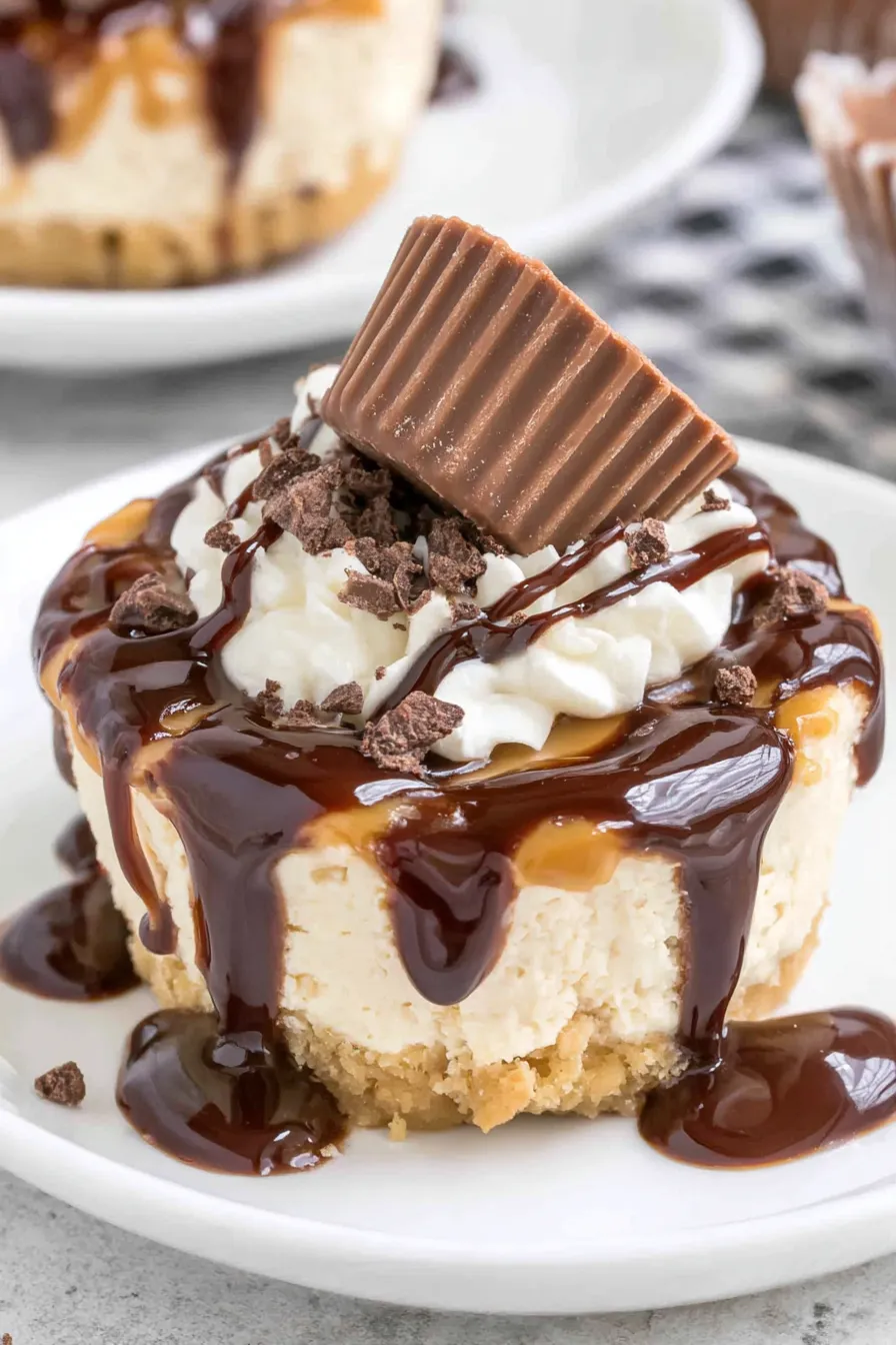 Close-up of a mini peanut butter cupcake with chocolate drizzle