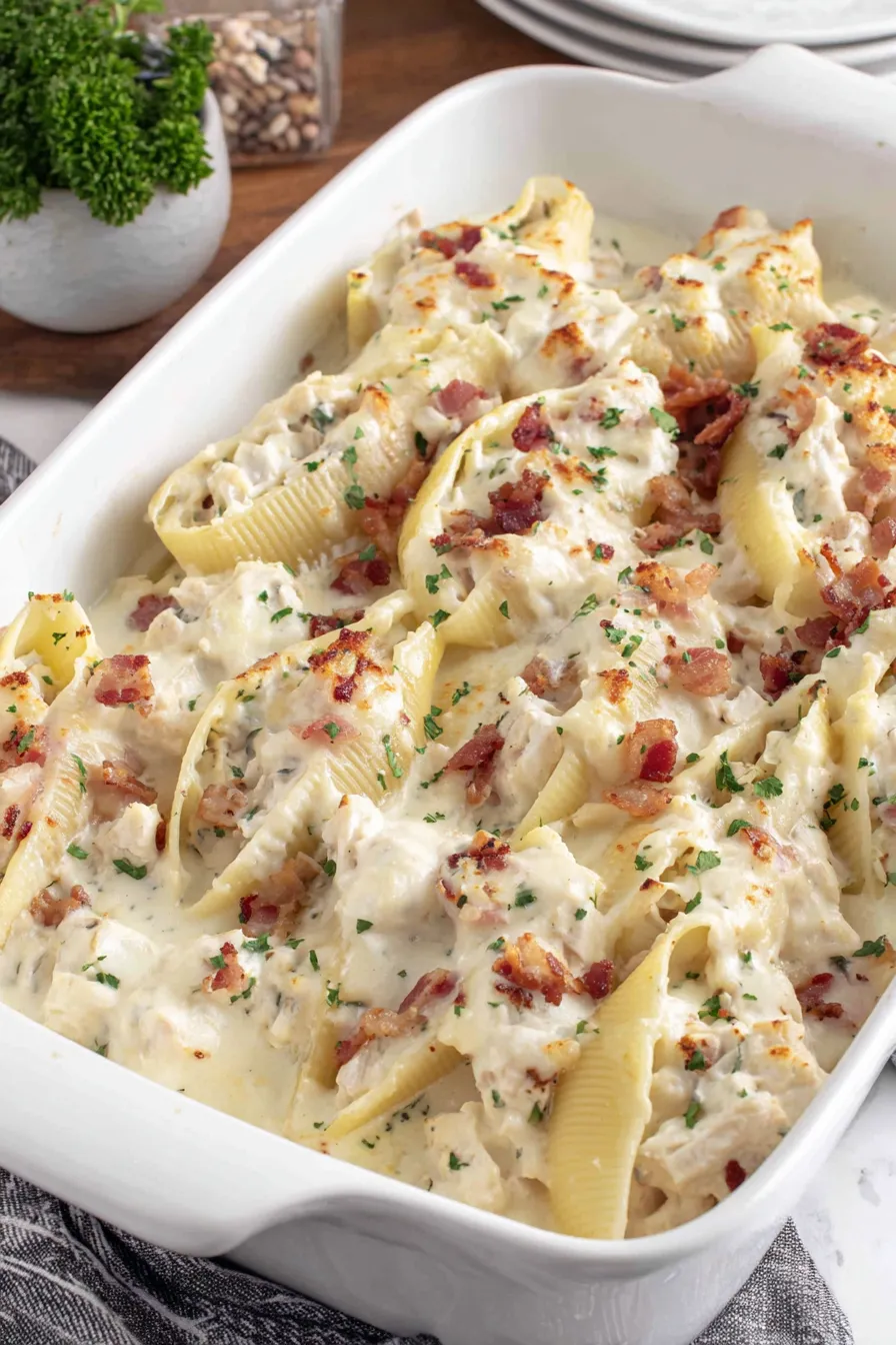 Chicken Alfredo stuffed shells in baking dish