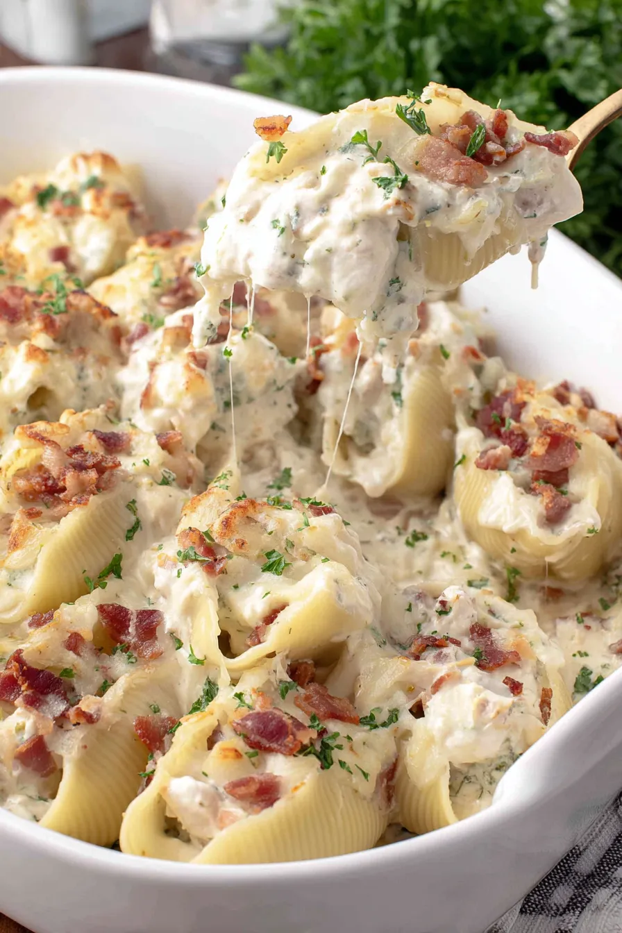 Close-up of stuffed shell with melted cheese