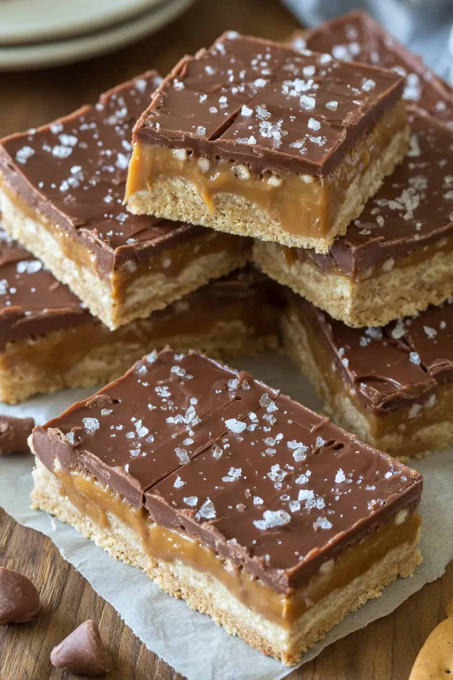 Salt River Bars layered in pan with caramel and cracker layers