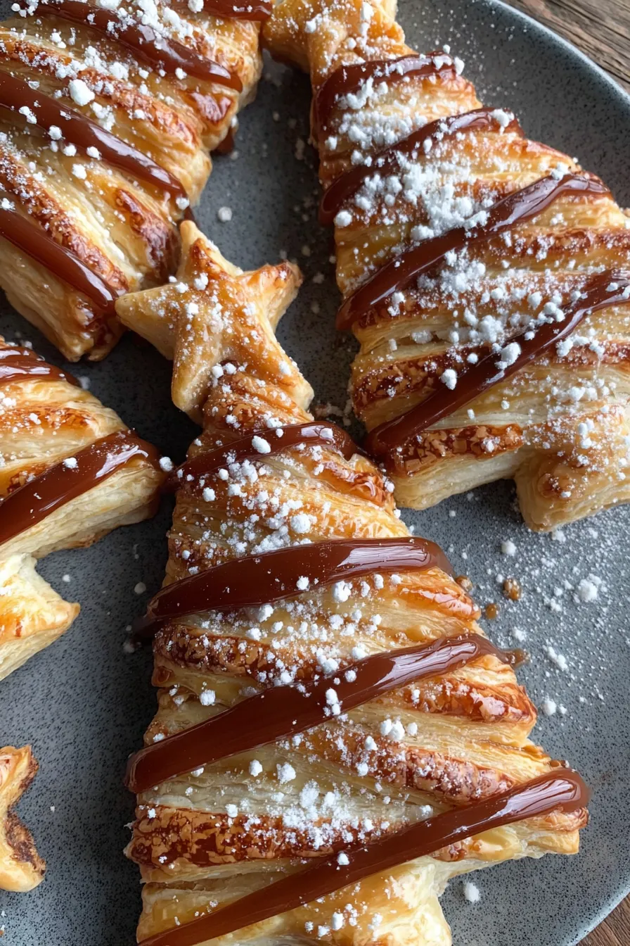 Baked puff pastry Christmas trees dusted with icing sugar