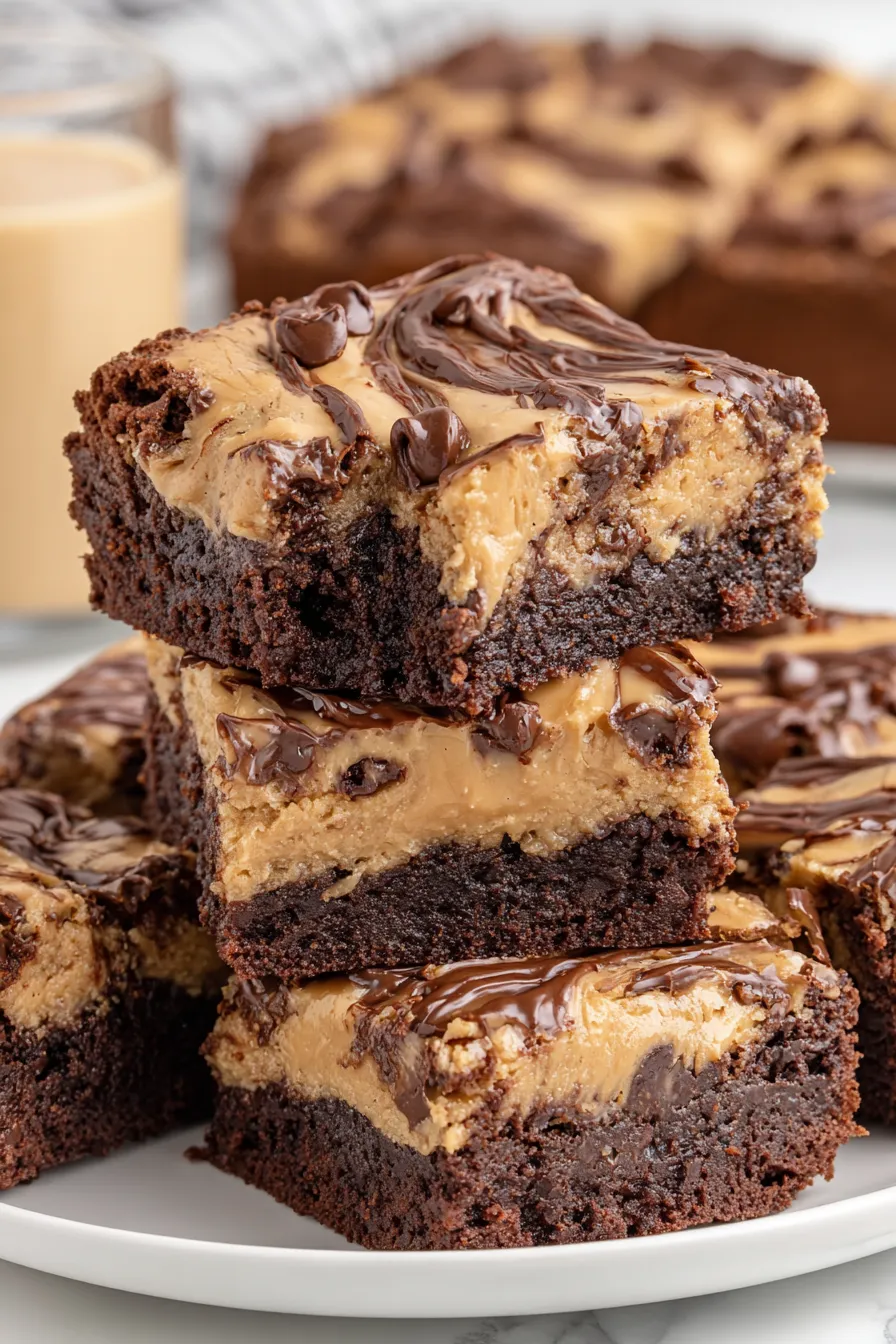 Brownies with peanut butter swirls fresh from a 9x9 pan