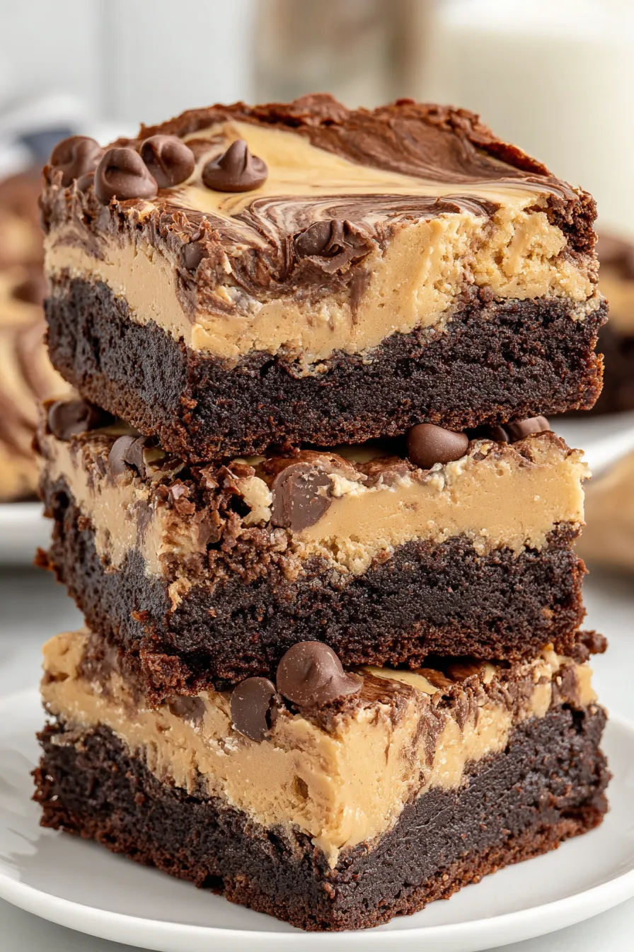 Close-up of a peanut butter swirl on a baked brownie