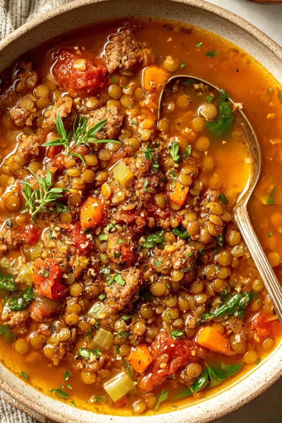 Bowl of sausage lentil soup in rustic bowl
