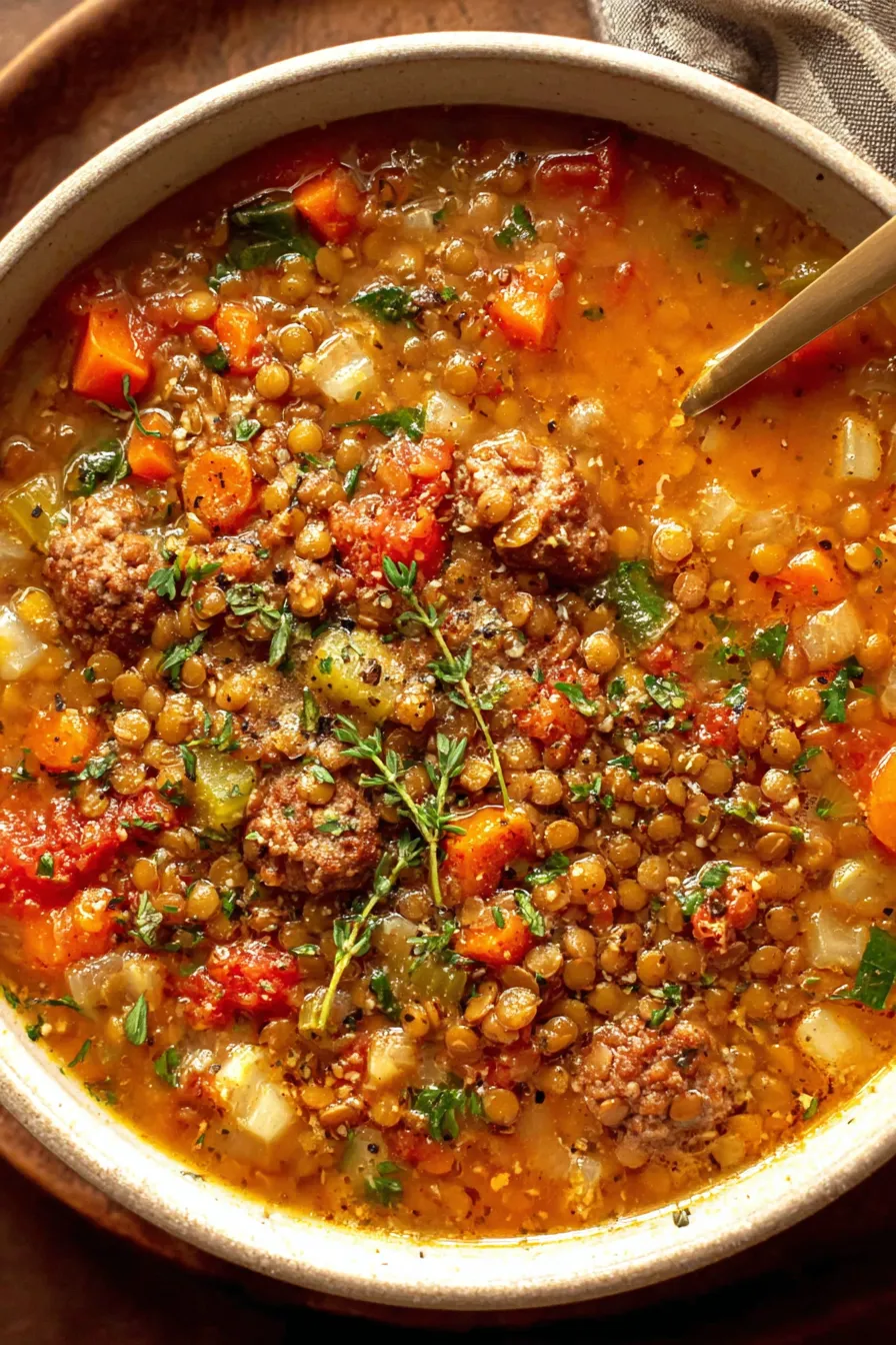 Spoonful of hearty sausage and lentil soup