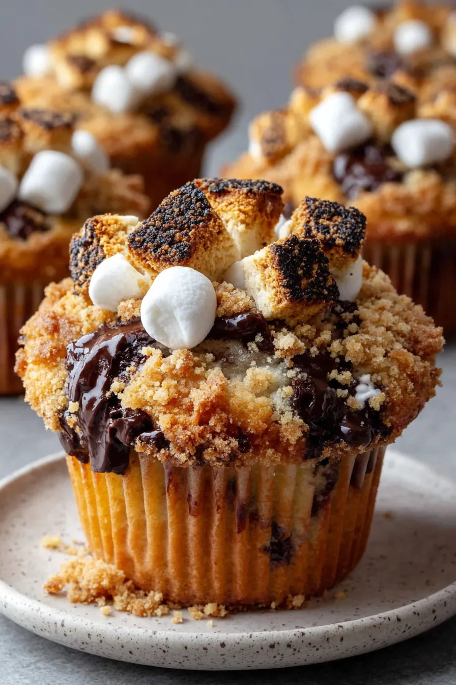Freshly baked s'mores chocolate chip muffins on a cooling rack