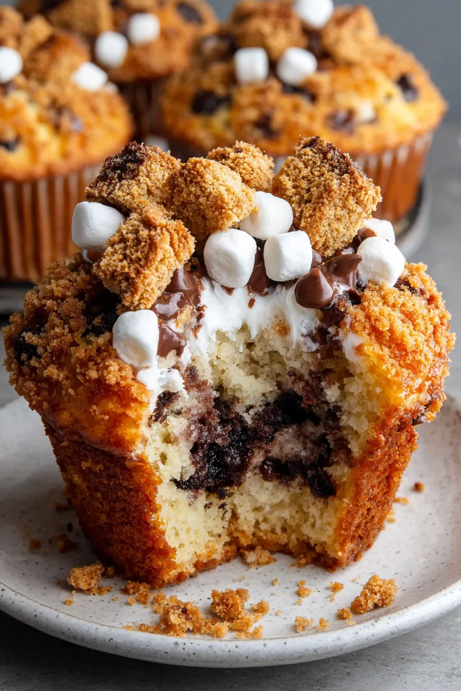 Close-up of s'mores muffins showing marshmallow and chocolate