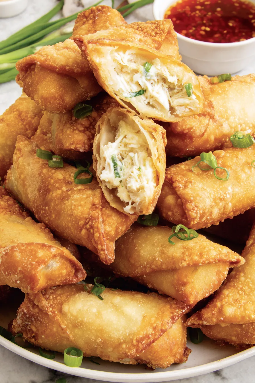 Plated crab rangoon egg rolls with sweet chili sauce