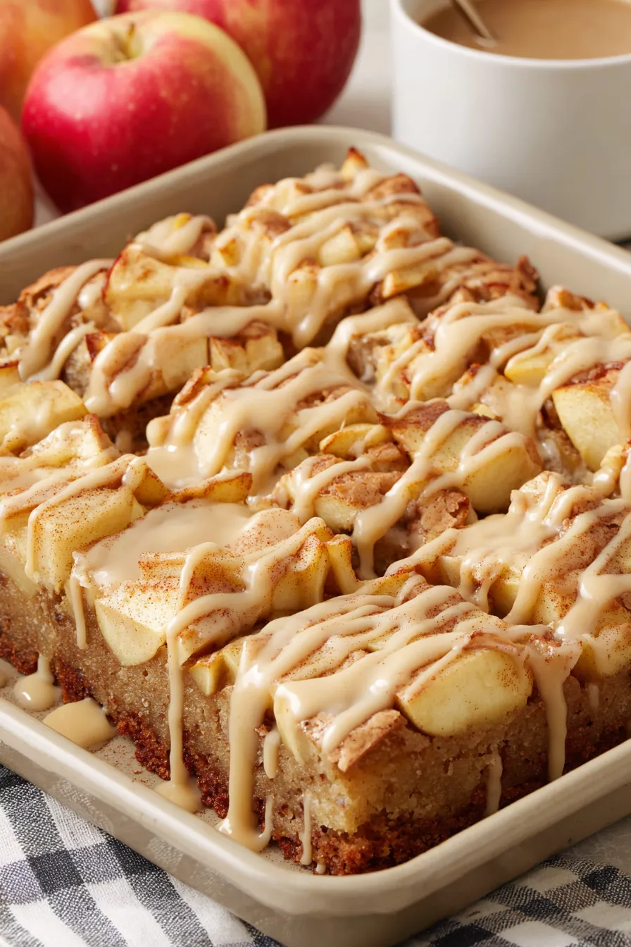 Apple brownies in a 9x13 pan with maple glaze