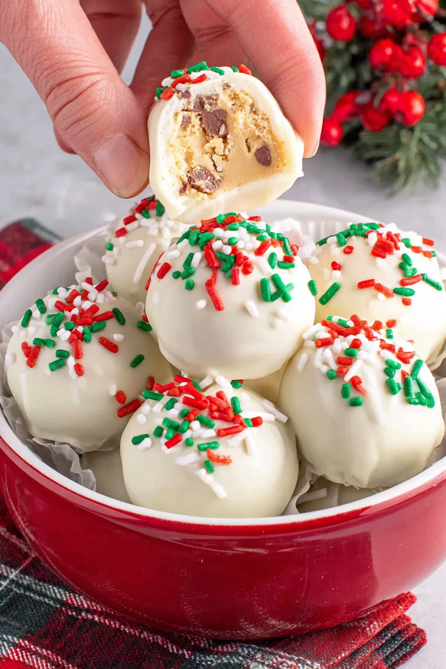Close up of a decorated white chocolate truffle with sprinkles
