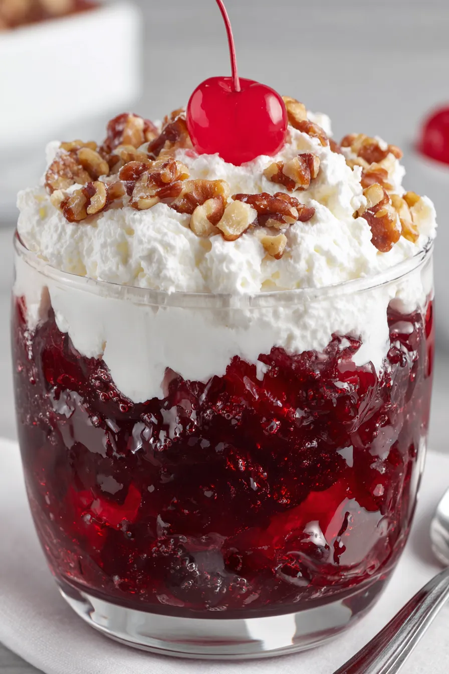 Trifle bowl with layers of cherry gelatin pineapple and walnuts