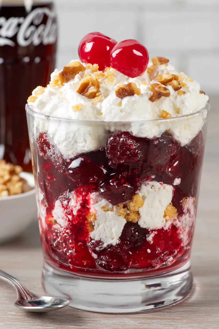 Close up of creamy trifle topping with maraschino cherries