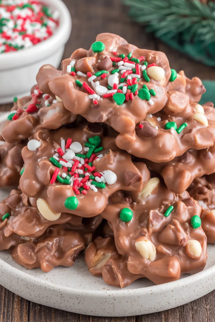 A spoon scooping chocolate-coated peanuts from crock pot