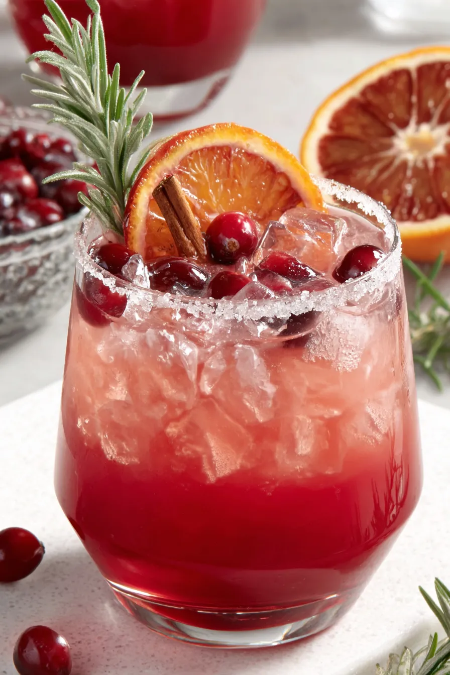Cranberry Christmas Cocktail in low-ball glass with rosemary and orange