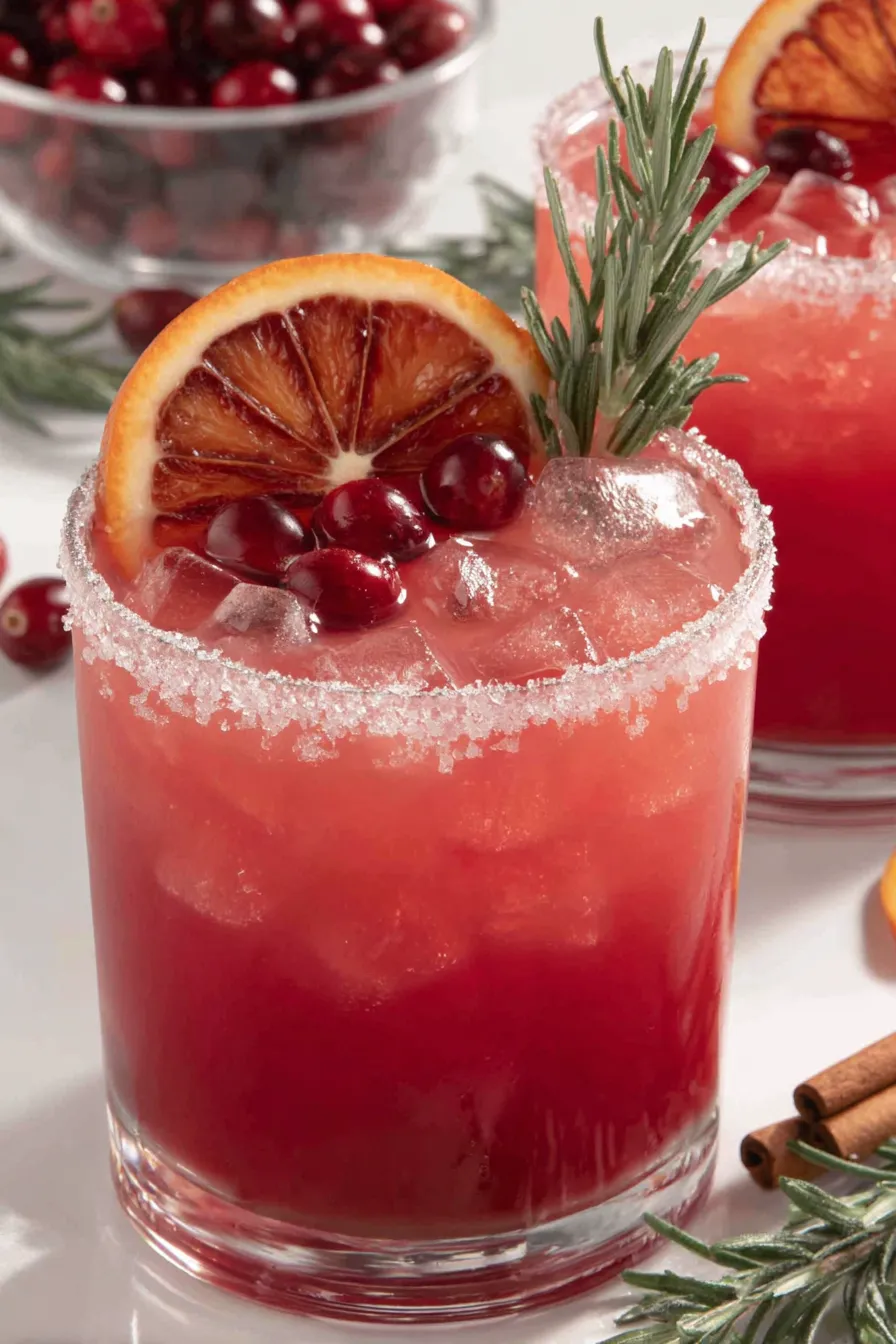Close-up of garnished Cranberry Christmas Cocktail with sugared rim