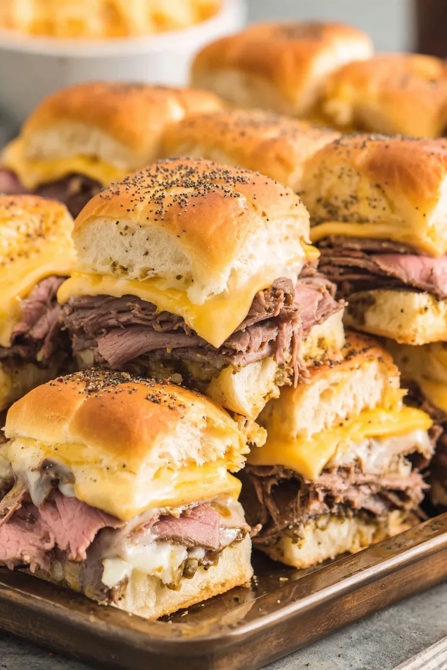 Tray of roast beef sliders fresh from oven