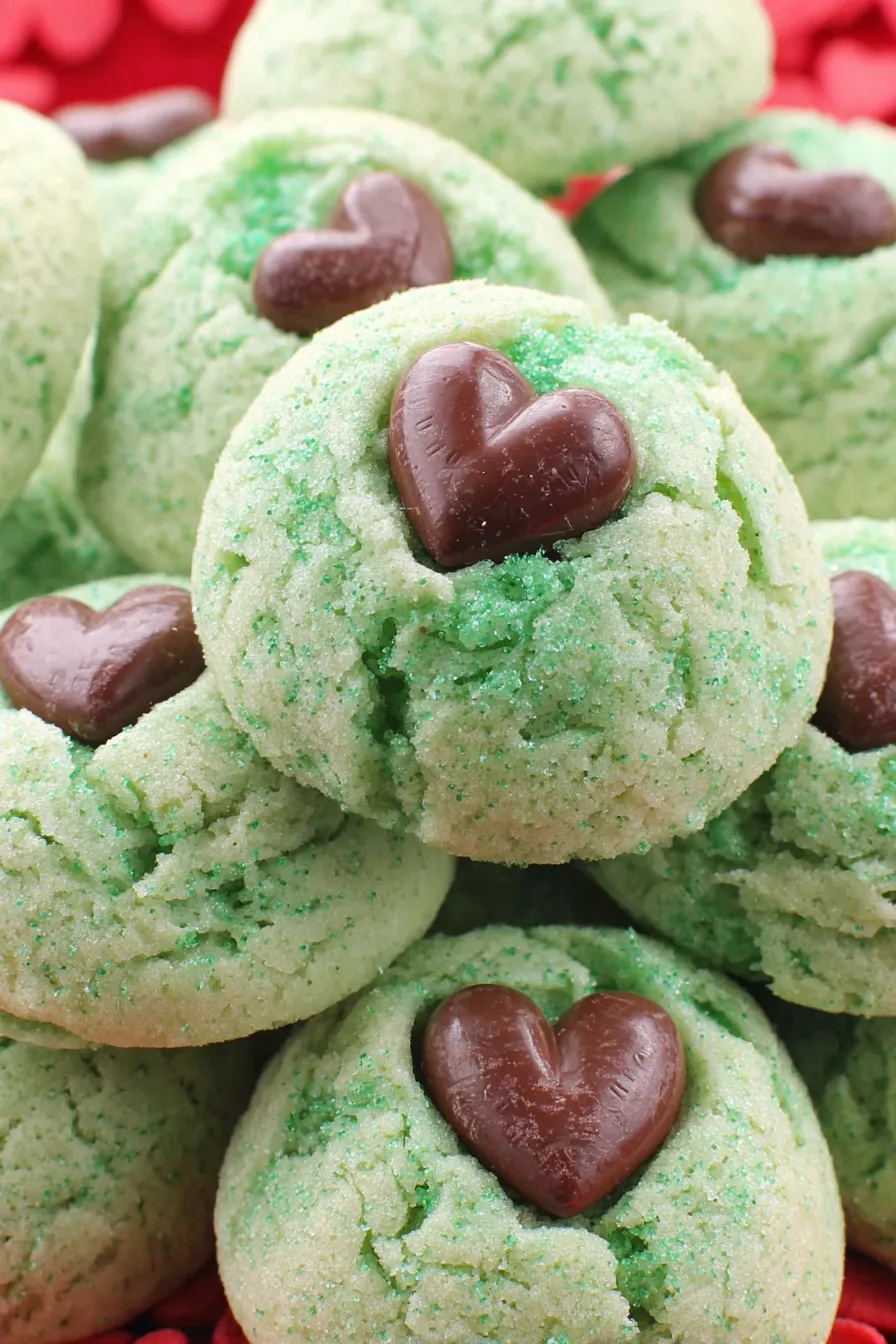 Close up of a Grinch Cookie with heart sprinkle