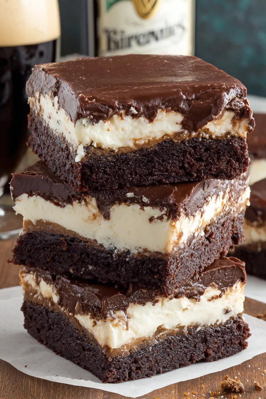 Finished Baileys brownies on a tray, sliced into squares