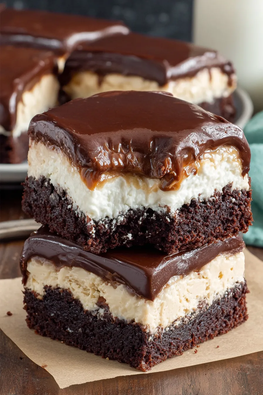 Close-up of ganache being spread over frosted brownies
