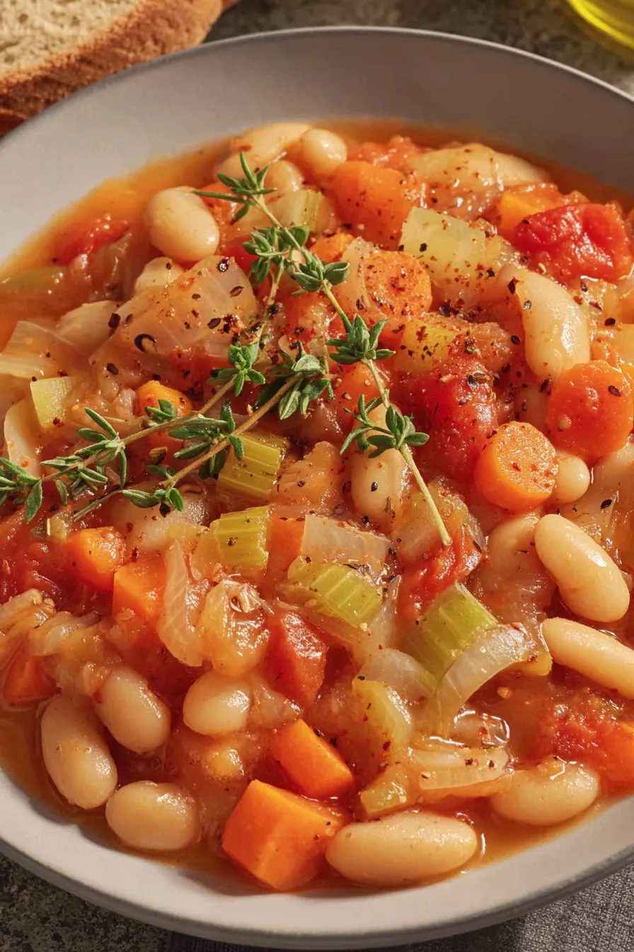 Steaming bowl of vegan butter bean stew with parsley garnish