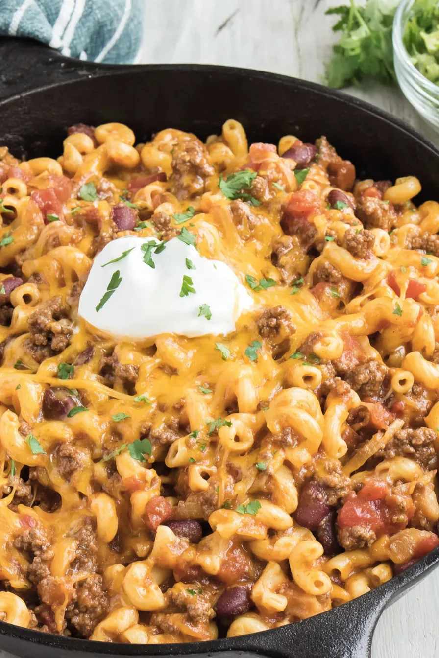 Skillet of Chili Mac fresh from the stove