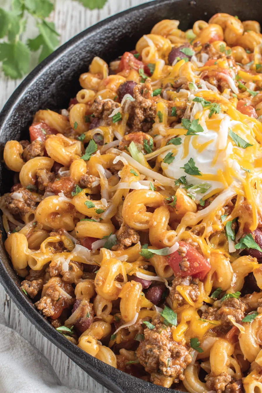 Bowl of Chili Mac with avocado and chips