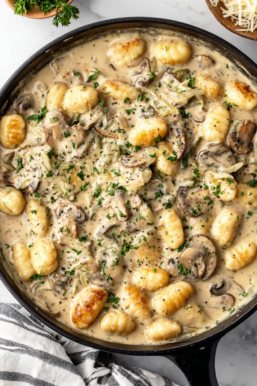 Creamy Boursin Gnocchi in skillet with mushrooms