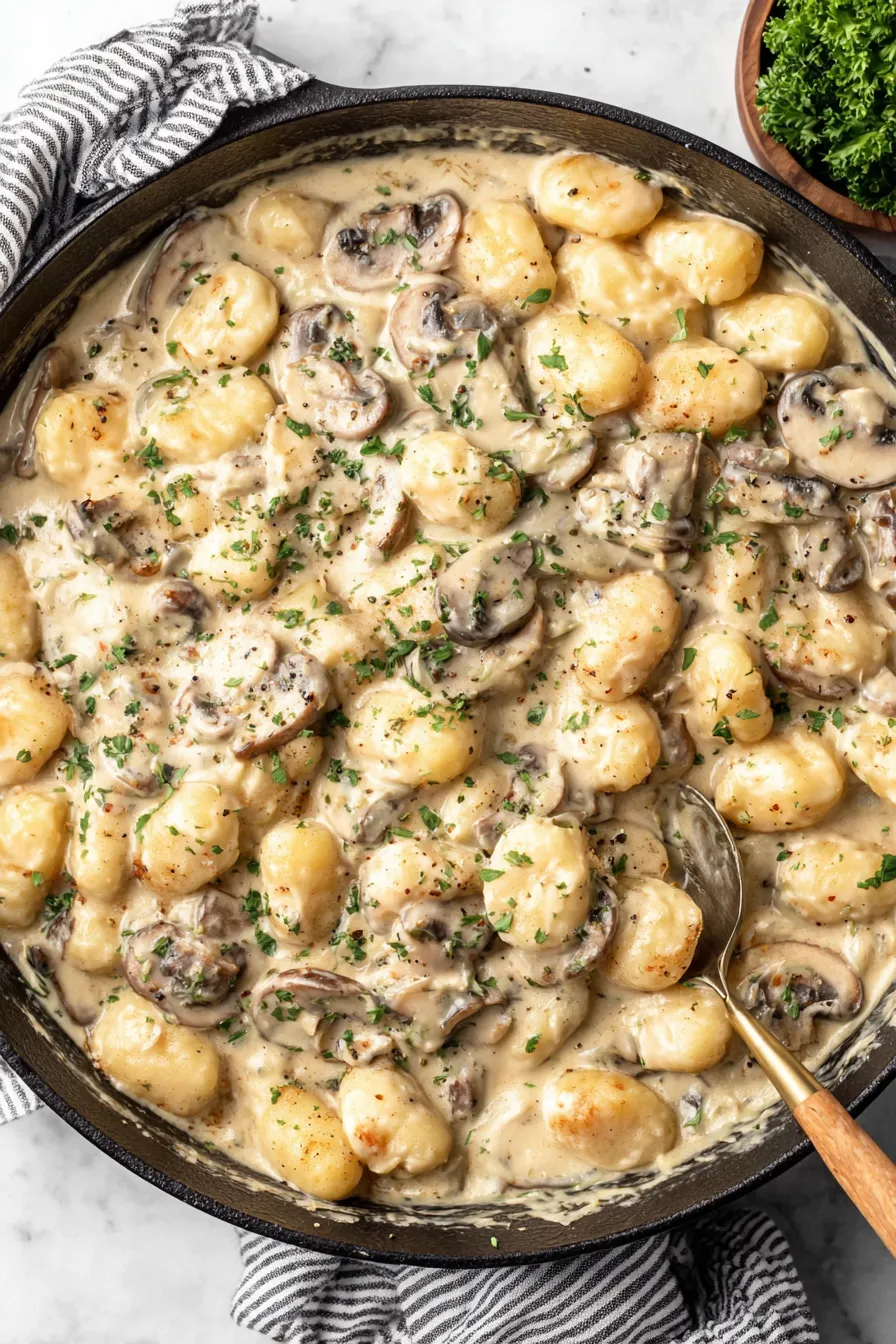 Serving bowl of gnocchi garnished with parsley