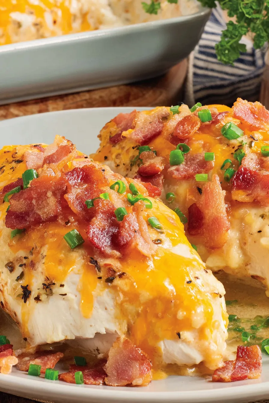 Baked Crack Chicken topped with melted cheese and bacon