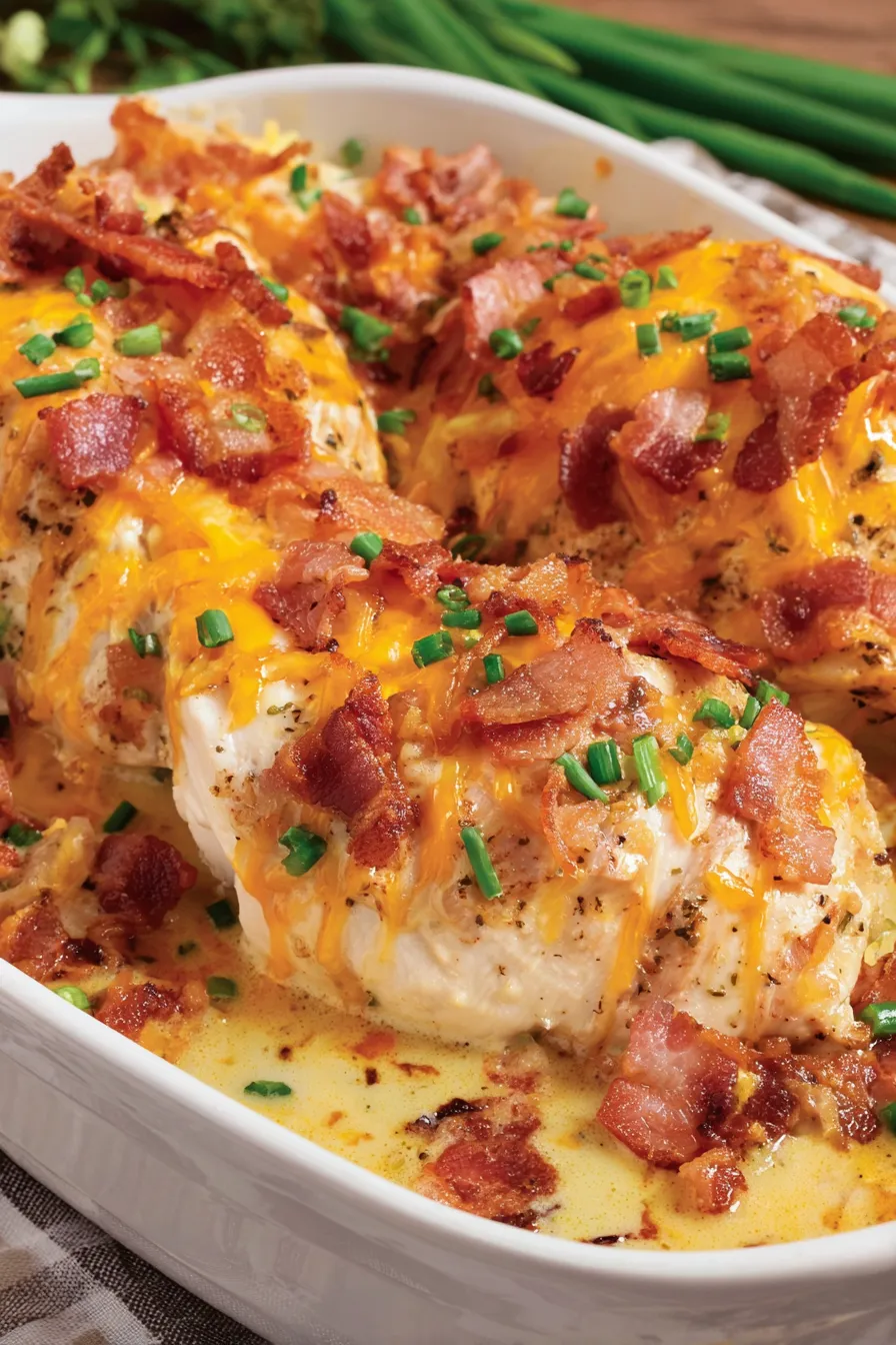 Close-up of cheesy crack chicken with bacon