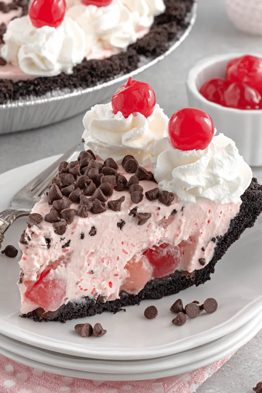 Slice of chocolate cherry pie on a plate