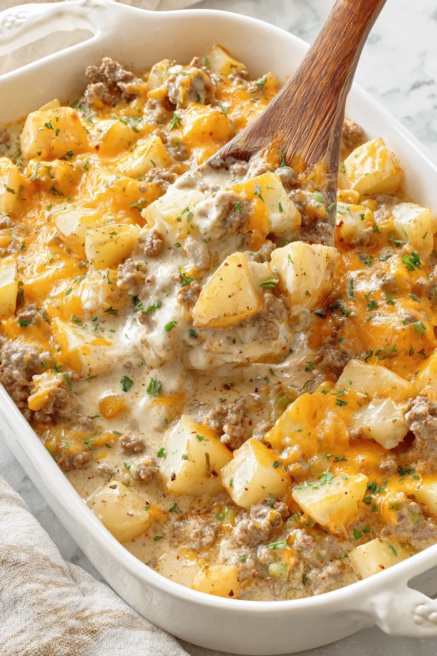 Bubbling cheesy casserole fresh from oven