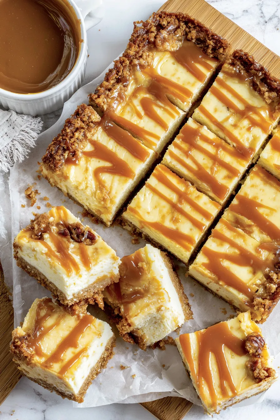 Caramel cheesecake bars on a cooling rack
