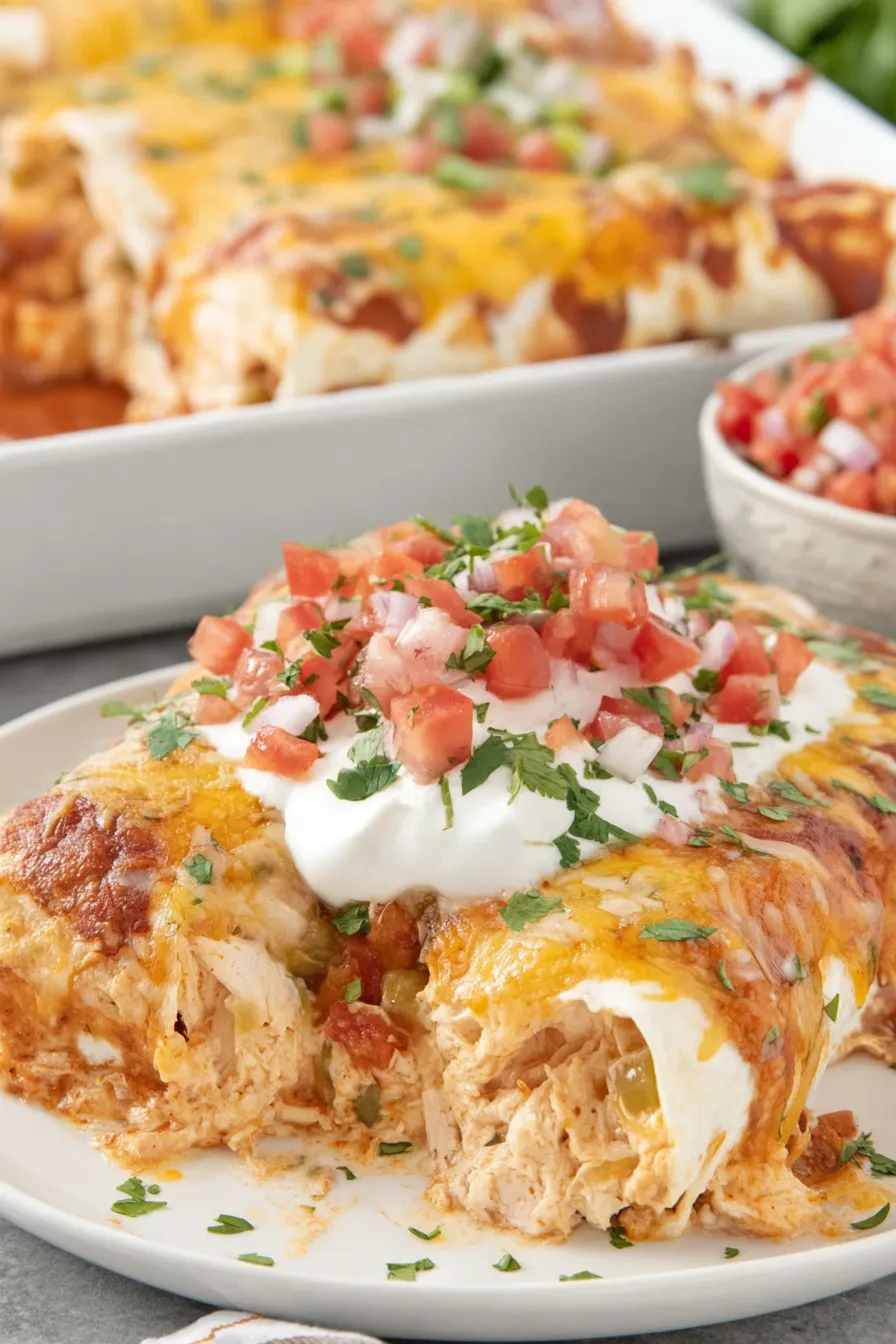 Plated enchilada with pico de gallo and cilantro