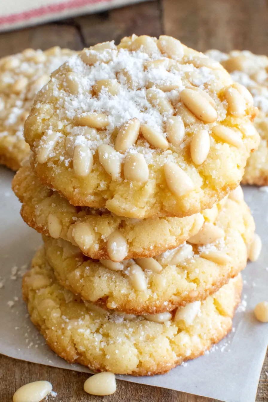 Freshly baked pignoli cookies on a parchment-lined tray