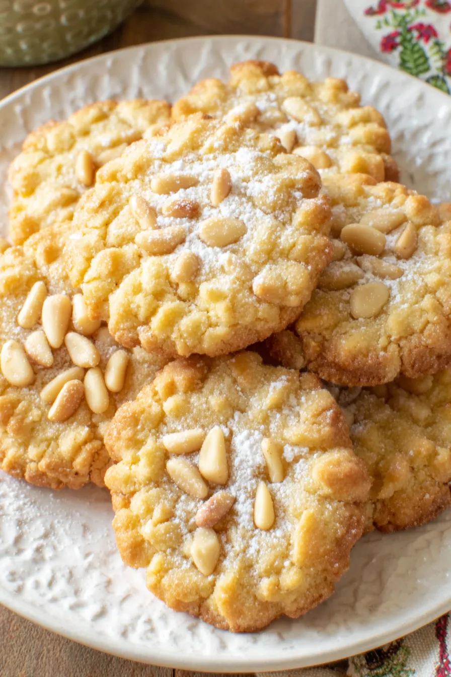 Close-up of a pignoli cookie with pine nuts