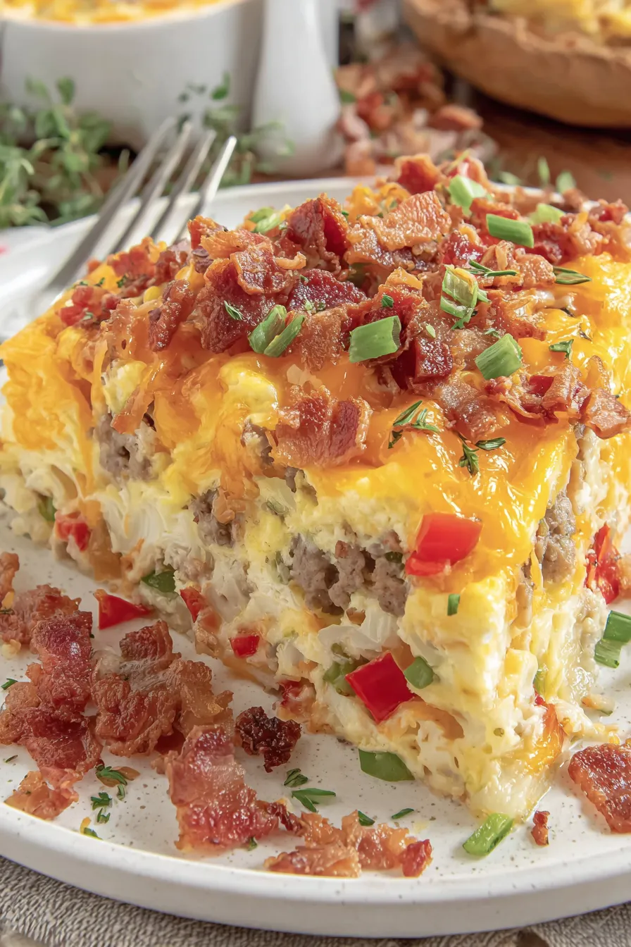 Sliced casserole plated with garnish