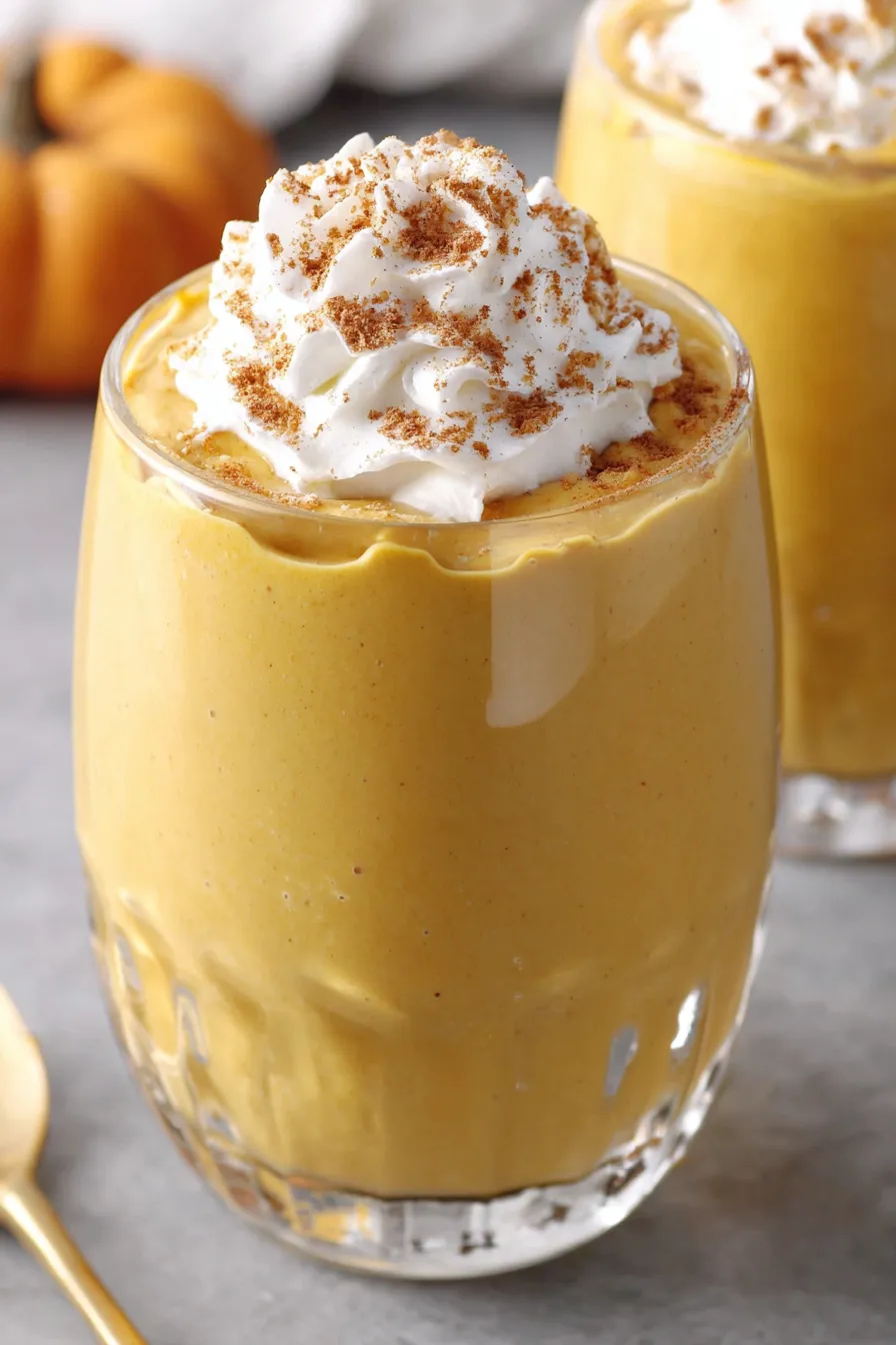 Two pumpkin smoothies with garnishes on a table