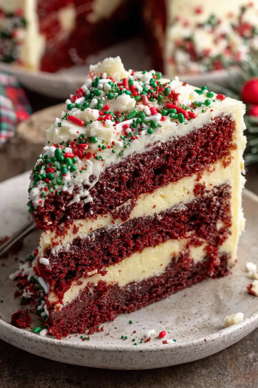 Red Velvet Cheesecake cake with frosting half sliced