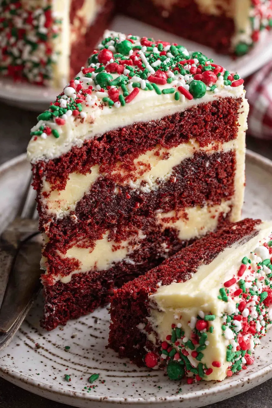Slice of red velvet cheesecake cake on a plate with sprinkles